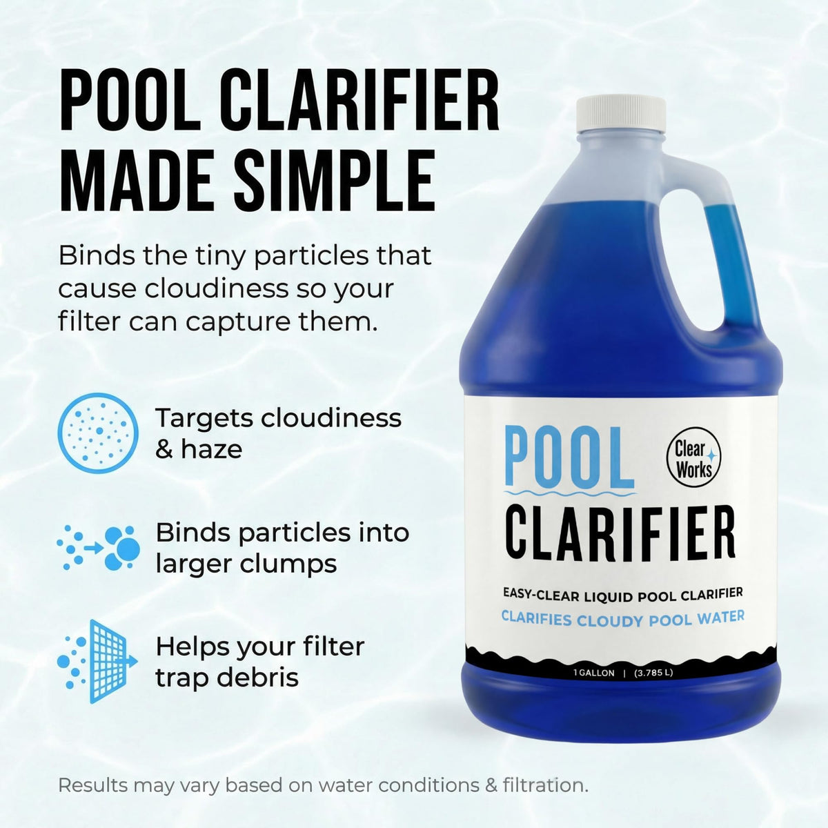 Clear Works Pool Clarifier label close-up with easy-to-follow directions