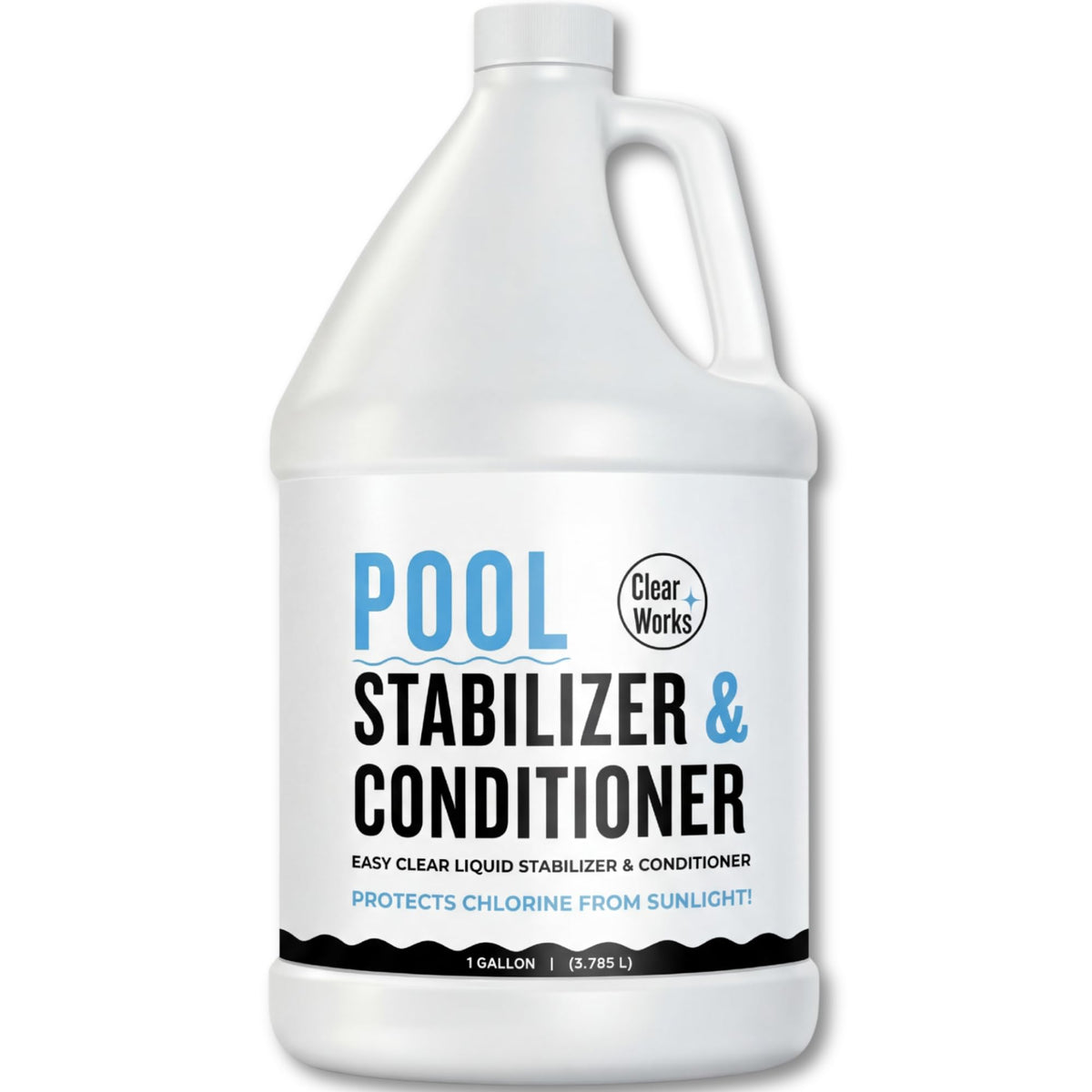 Clear Works pool stabilizer bottle close-up highlights label for reliable chlorine stabilization