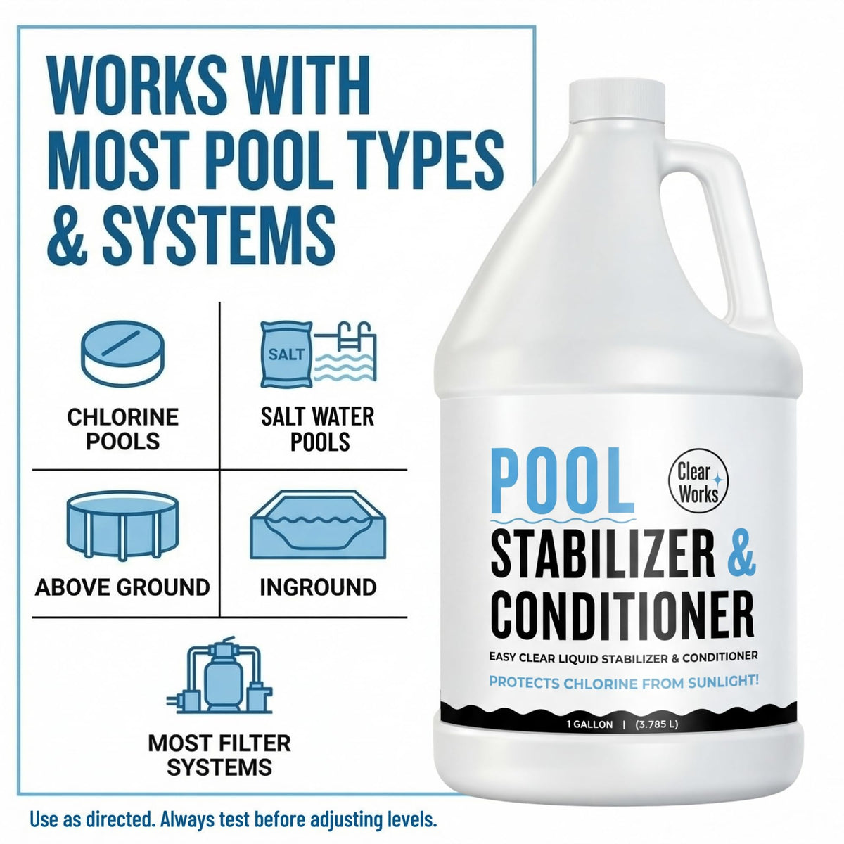 Stabilizer bottle beside pool supplies ready for routine maintenance