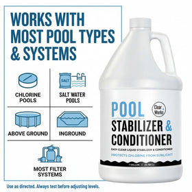 Stabilizer bottle beside pool supplies ready for routine maintenance