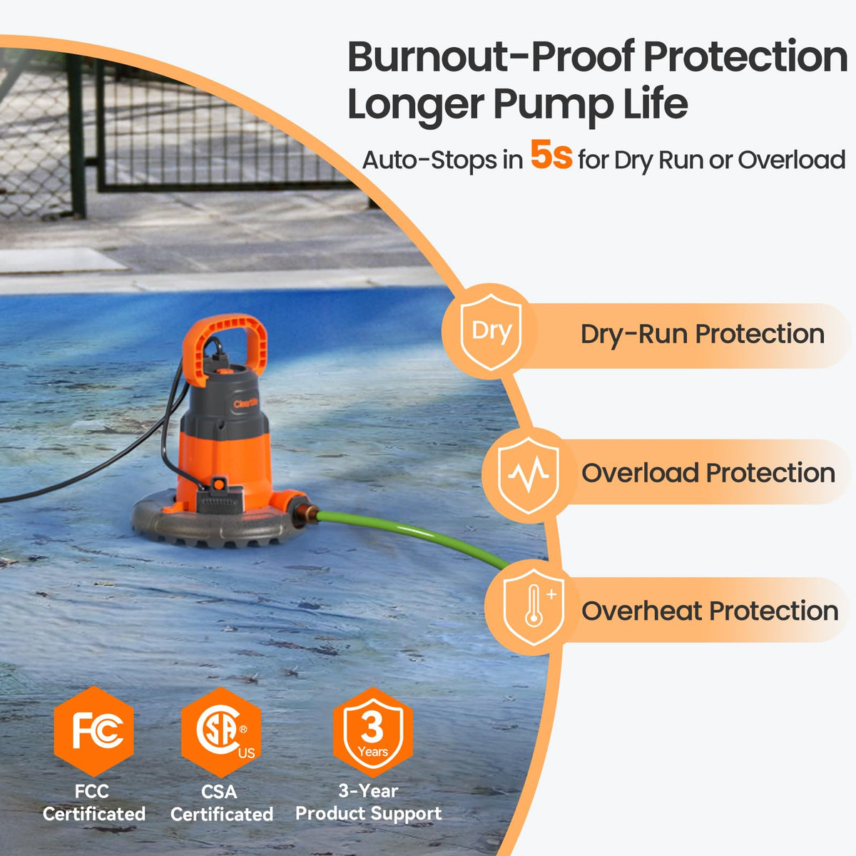 Cleartide Smart Auto Pool Cover Pump triple protection guards against overload and dry-run