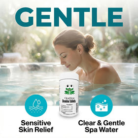 CLEARVIEW bromine tablets in spa water, offering low odor and gentler skin feel.