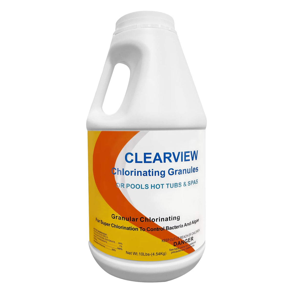 CLEARVIEW calcium-free chlorine granules in a 10 lb bucket ready for quick pool shock.