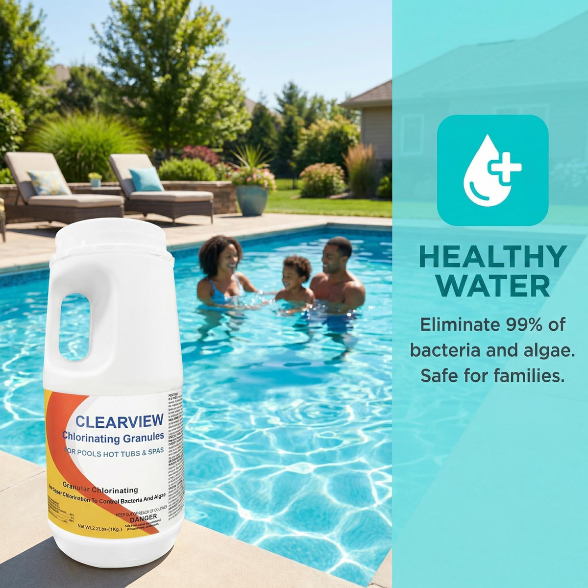 Calcium-free ClearView formula helps prevent scale in hard-water pools.
