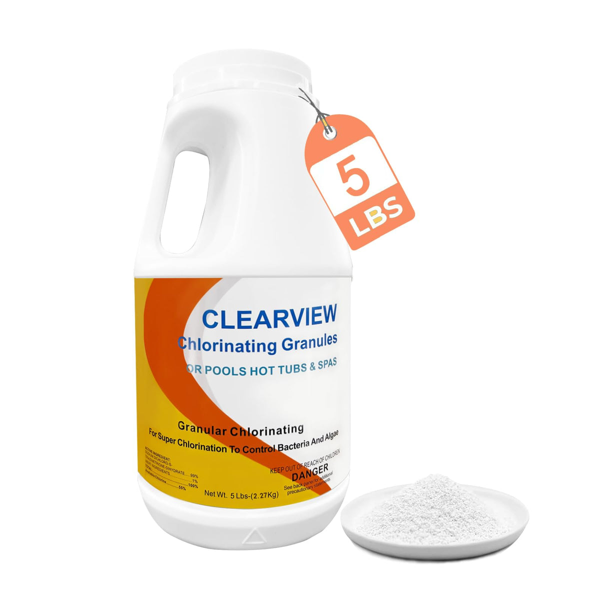 ClearView chlorine granules in a 5 lb bottle for fast pool sanitation