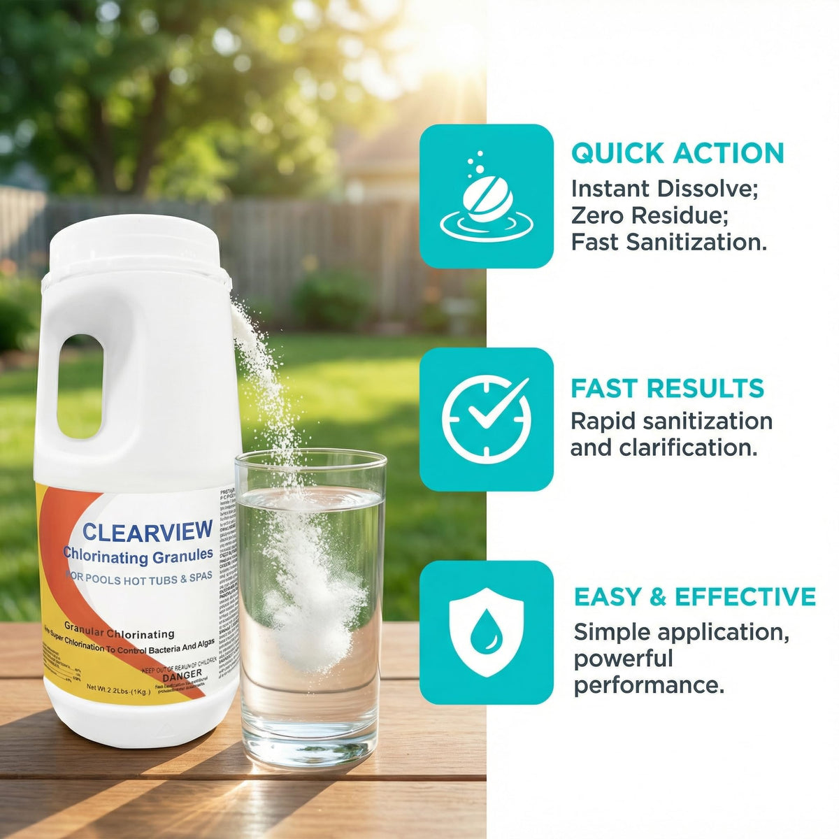 ClearView chlorine granules target bacteria and algae for clearer water.