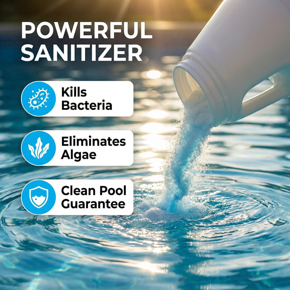 Close-up of granules dissolving quickly for rapid water sanitization