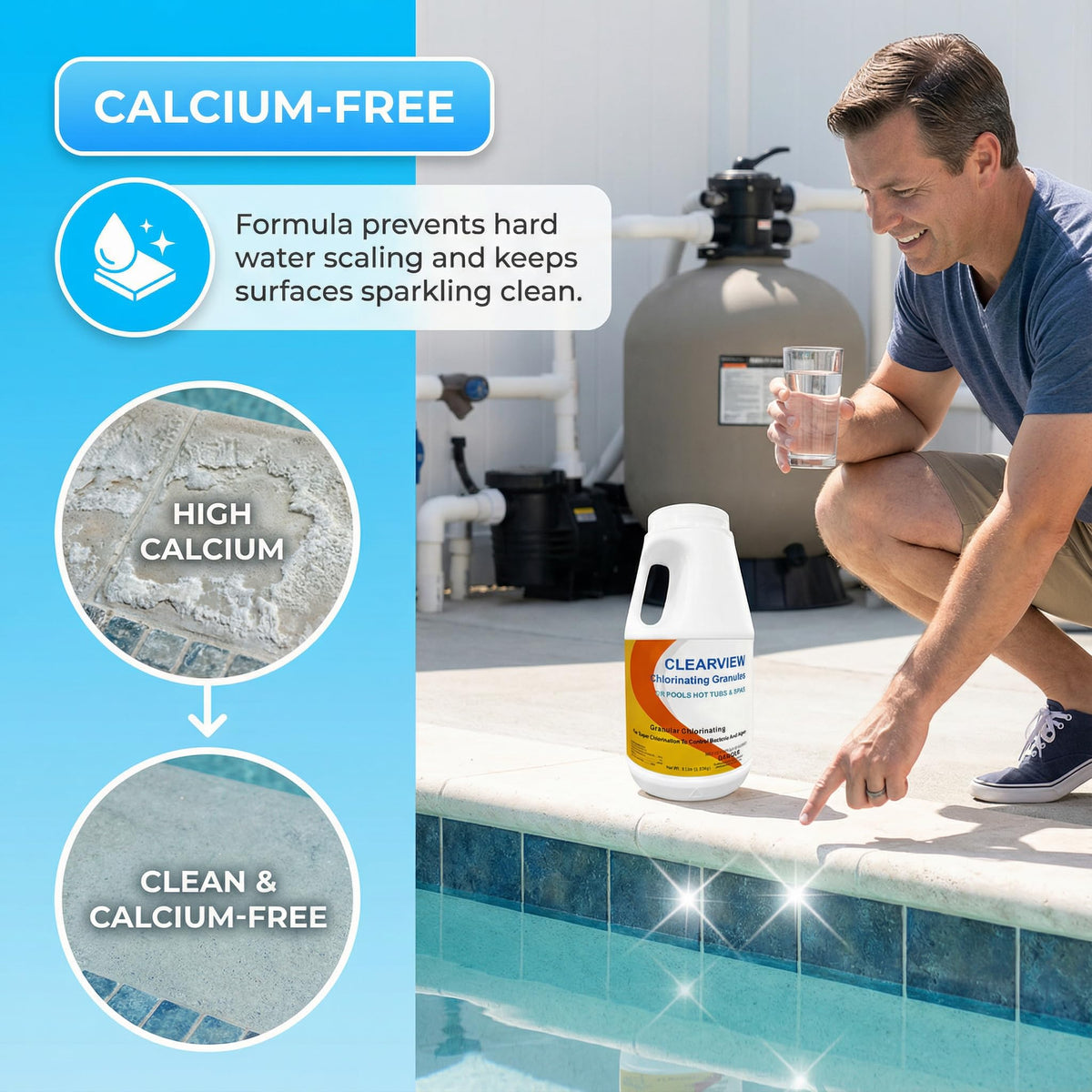 ClearView granules work with vinyl-lined pools and saltwater systems