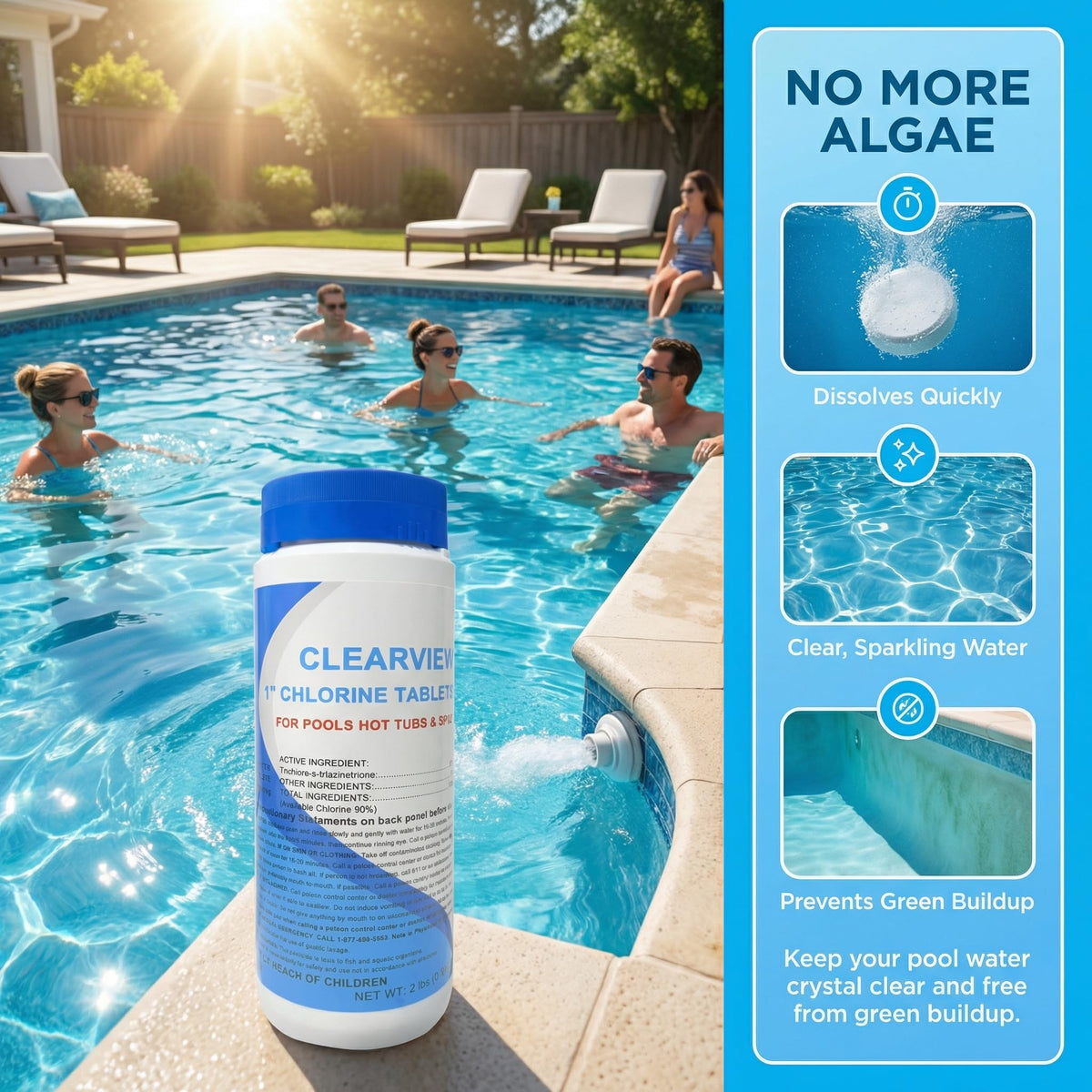 ClearView tablets slowly dissolve in water, extending sanitizer life.