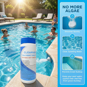 ClearView tablets slowly dissolve in water, extending sanitizer life.