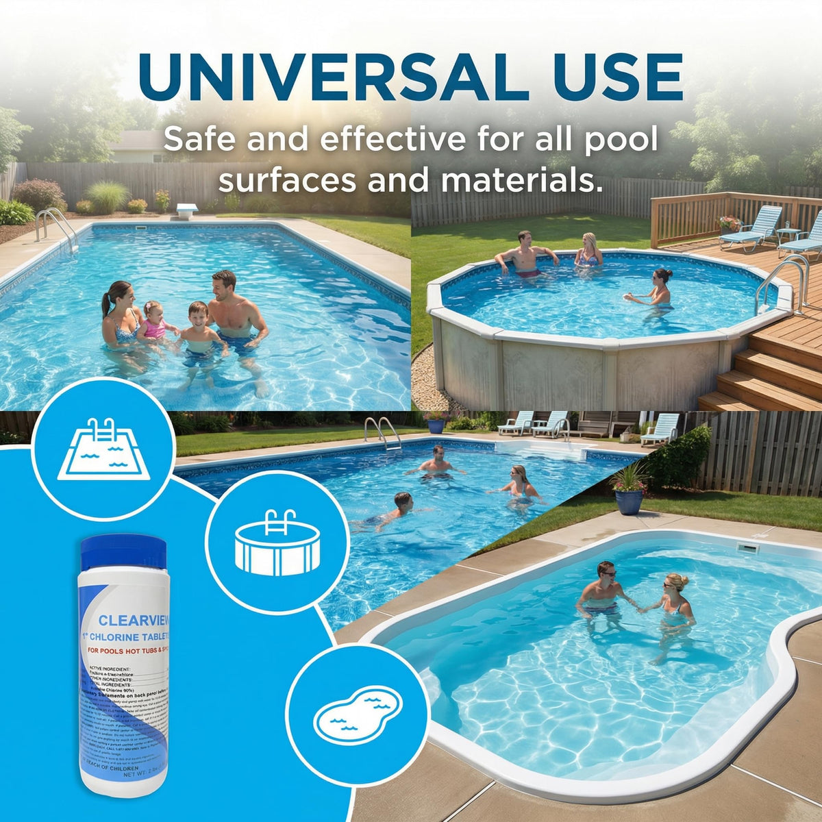 ClearView 1-inch tablets ideal for vinyl pools and saltwater systems.