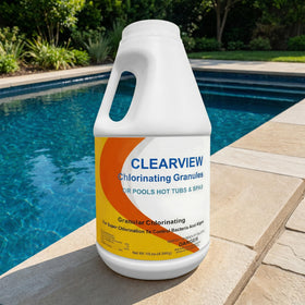 Crystal-clear pool water after treatment with CLEARVIEW chlorine granules.