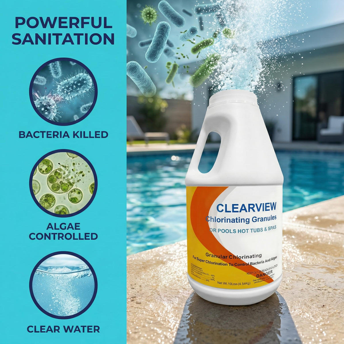 Close-up of CLEARVIEW label on the 10 lb bucket for easy storage and use.