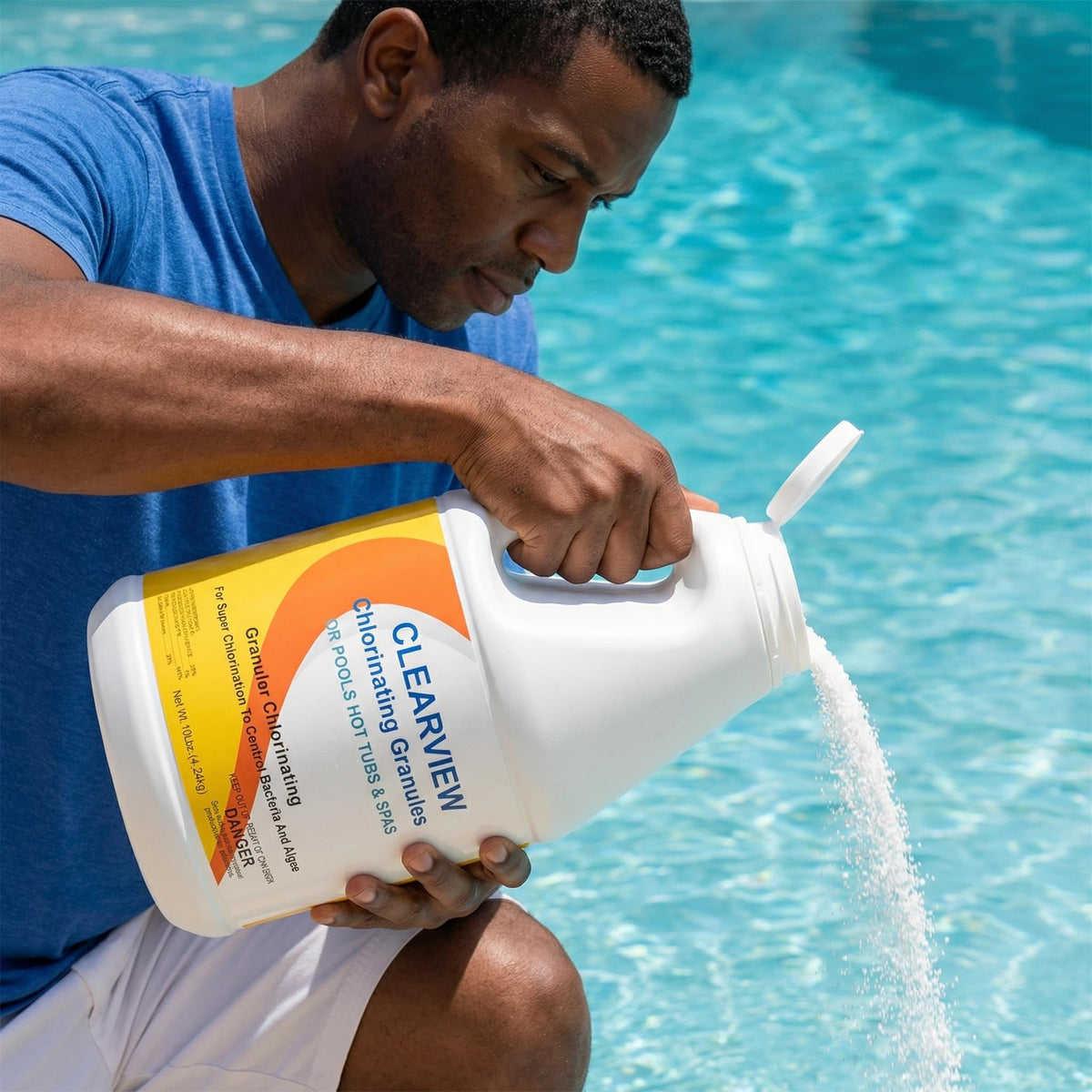 Measuring scoop beside CLEARVIEW bucket illustrating simple dosing.