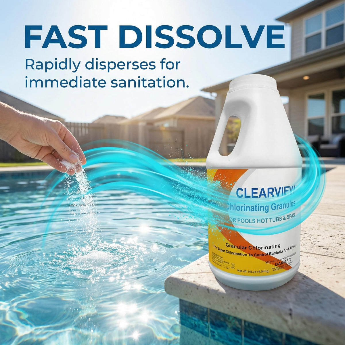 Poolside scene showing CLEARVIEW used for weekly maintenance and treatment.