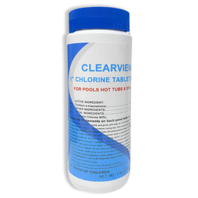ClearView stabilized chlorine tablets 1-inch in a pool floater for steady sanitization.