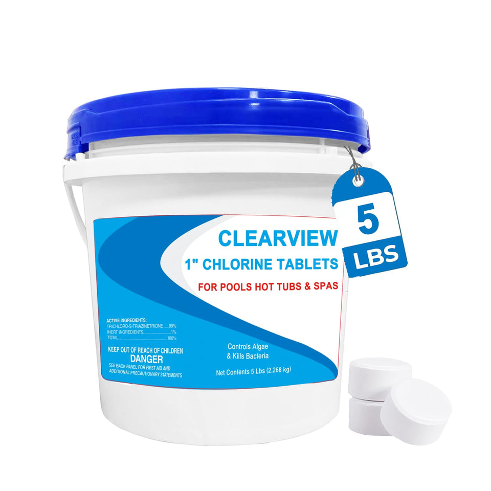 CLEARVIEW 1-inch stabilized chlorine tablets for pools in a skimmer basket for slow-dissolving sanitization