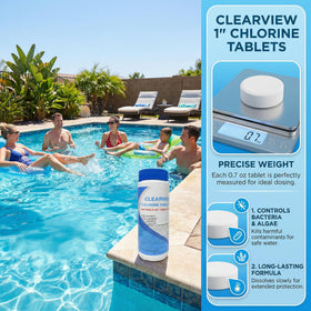ClearView chlorine tablets packaging shown for easy dosing in pools.