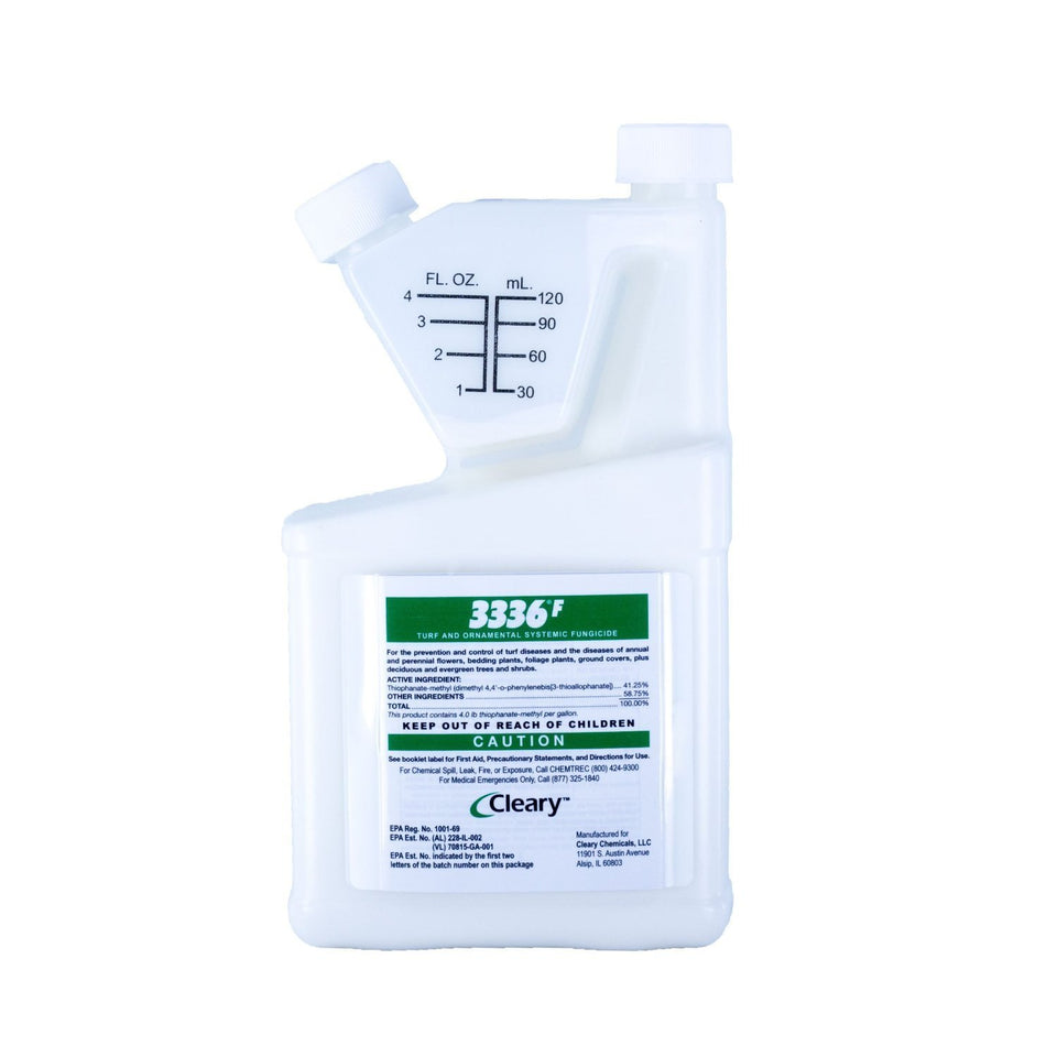 Cleary 3336F fungicide bottle for garden plants, helps guard against common fungal issues.