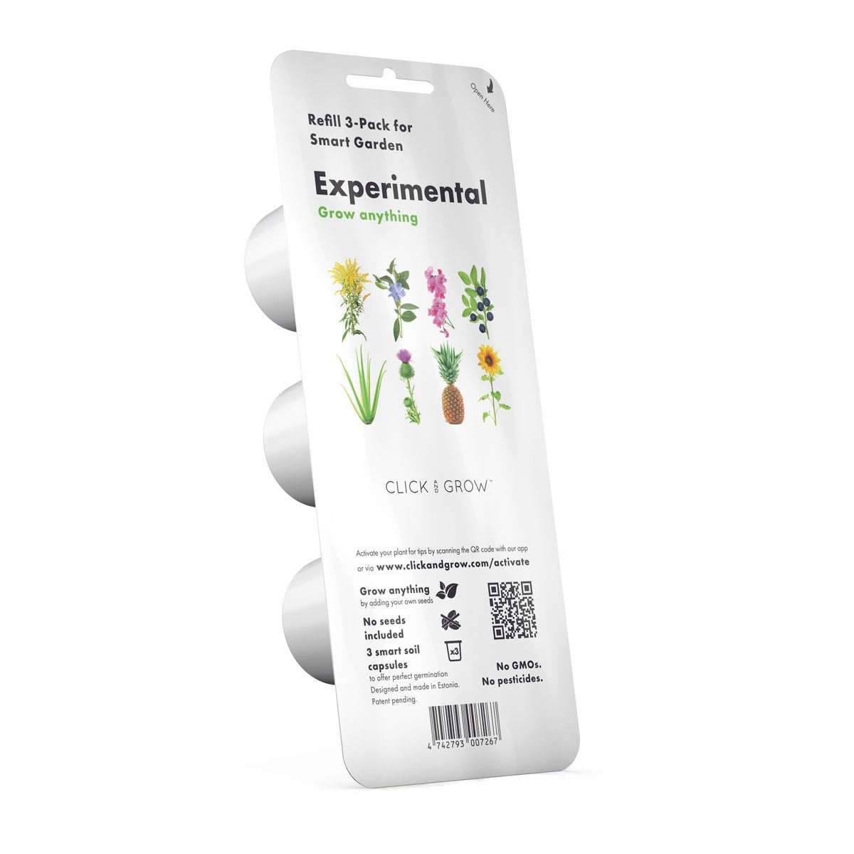 Click and Grow Seedless Pods packaging, compact home gardening starter kit for experimentation