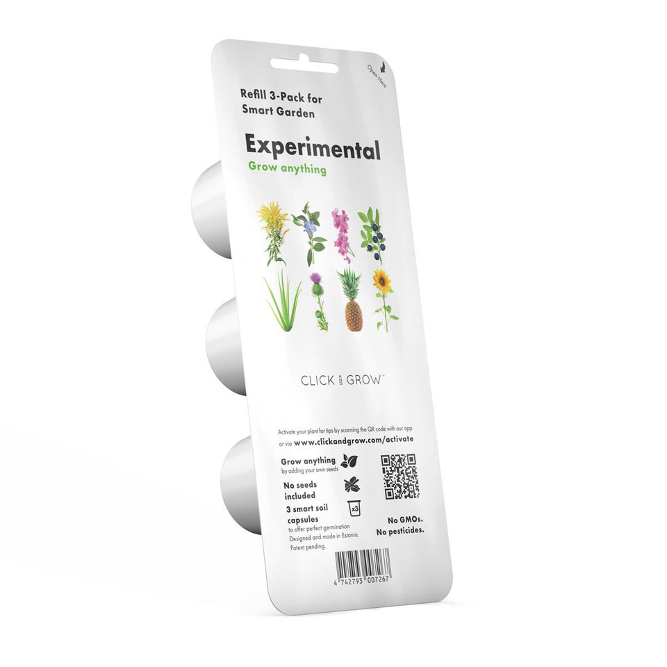 Click and Grow Seedless Pods packaging, compact home gardening starter kit for experimentation