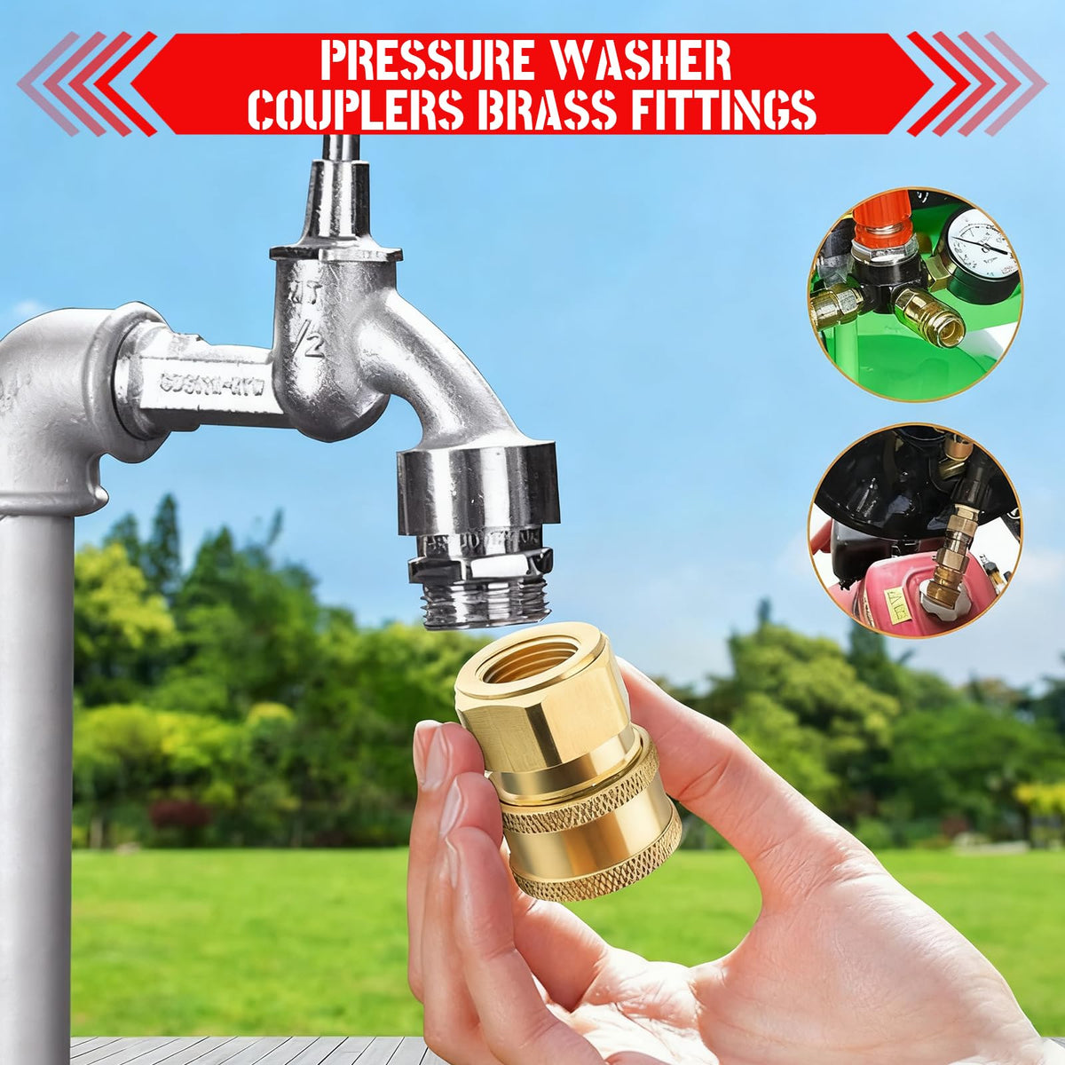 CLIO quick-connect brass fitting designed for easy nozzle exchange.