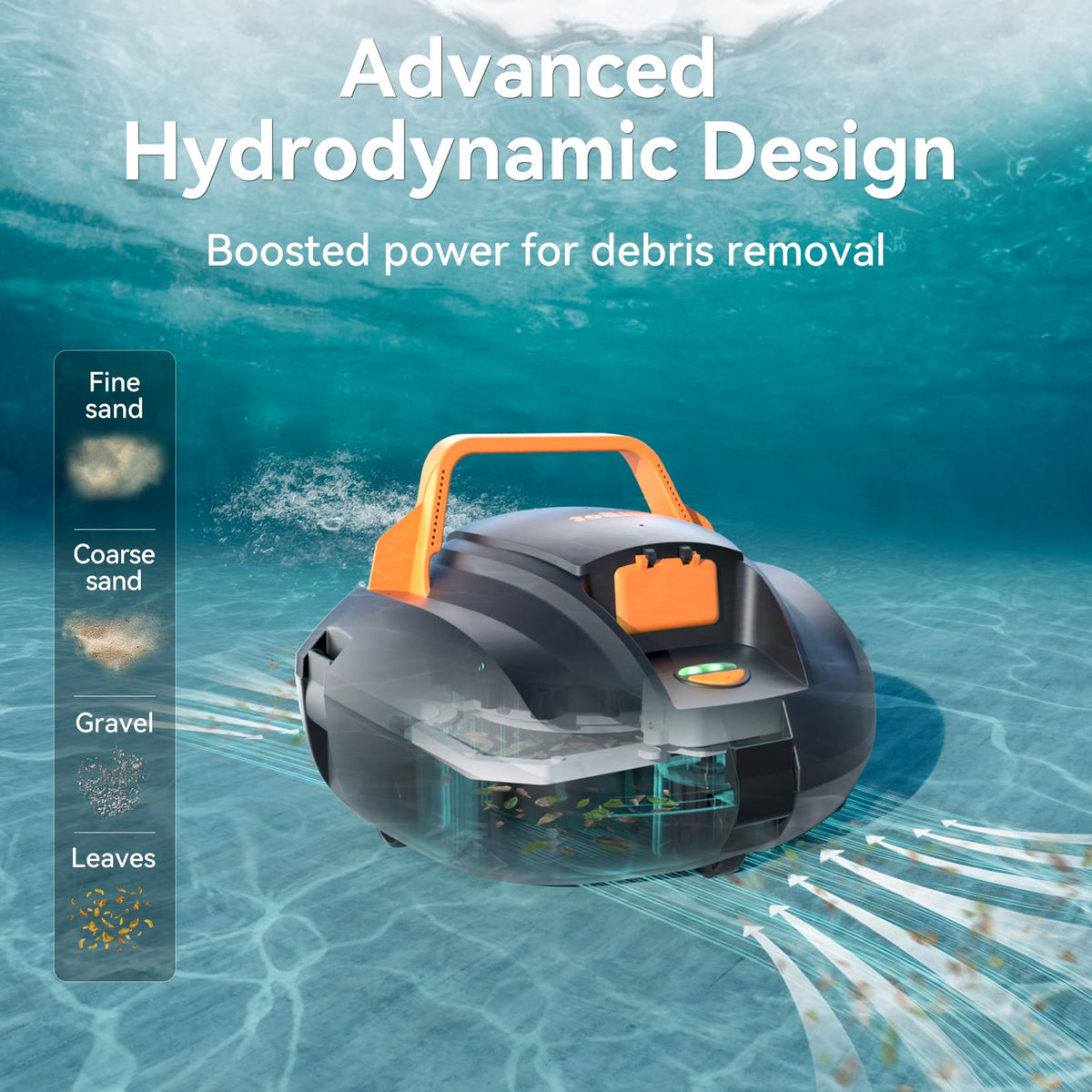 CliBot S1 in-water cleaning action targets debris across pool floor