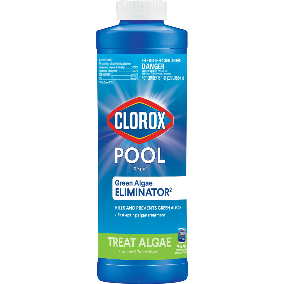 Clorox Pool&Spa algaecide bottle for fast algae control in pools.