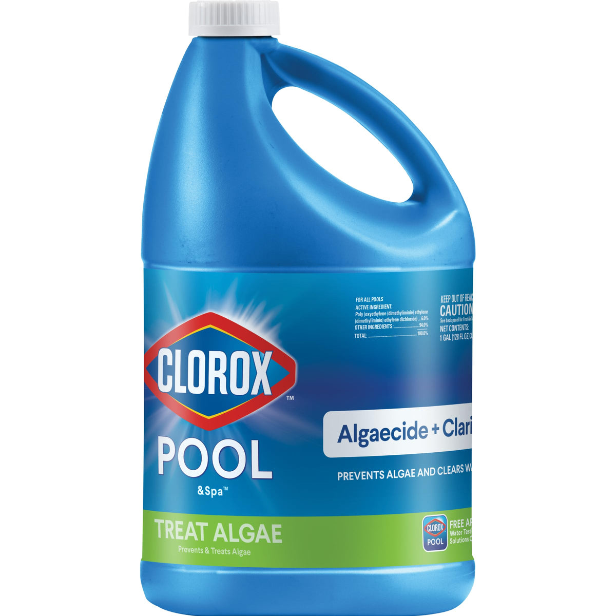 Clorox Pool&Spa algaecide bottle shows algae prevention for crystal clear water.