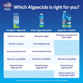 Clorox Pool&Spa algaecide clear-water image signaling faster water clarity.