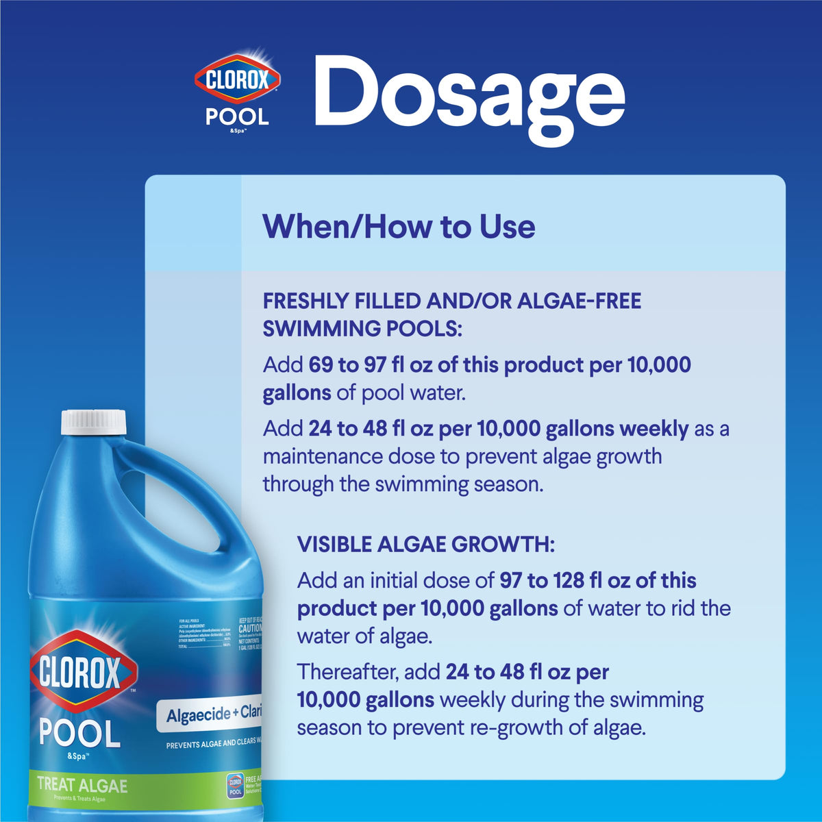 Clorox Pool&Spa algaecide label with usage details for correct dosing.