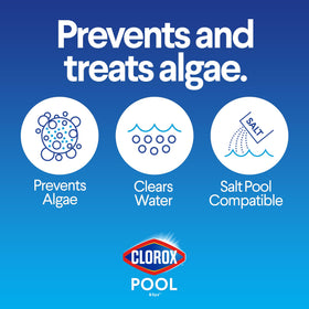 Clorox Pool&Spa algaecide pour demonstrates even chemical distribution for pool care.