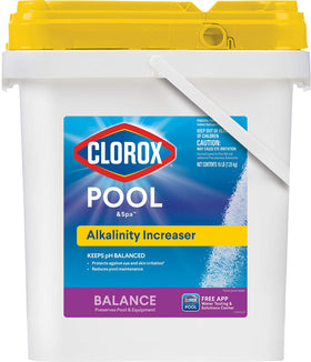 CLOROX Pool & Spa alkalinity increaser bottle stabilizes pool water for balanced chemistry.