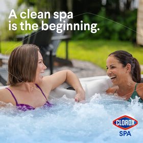 Smartphone screen showing Clorox Pool&Spa app with dosage recommendations.