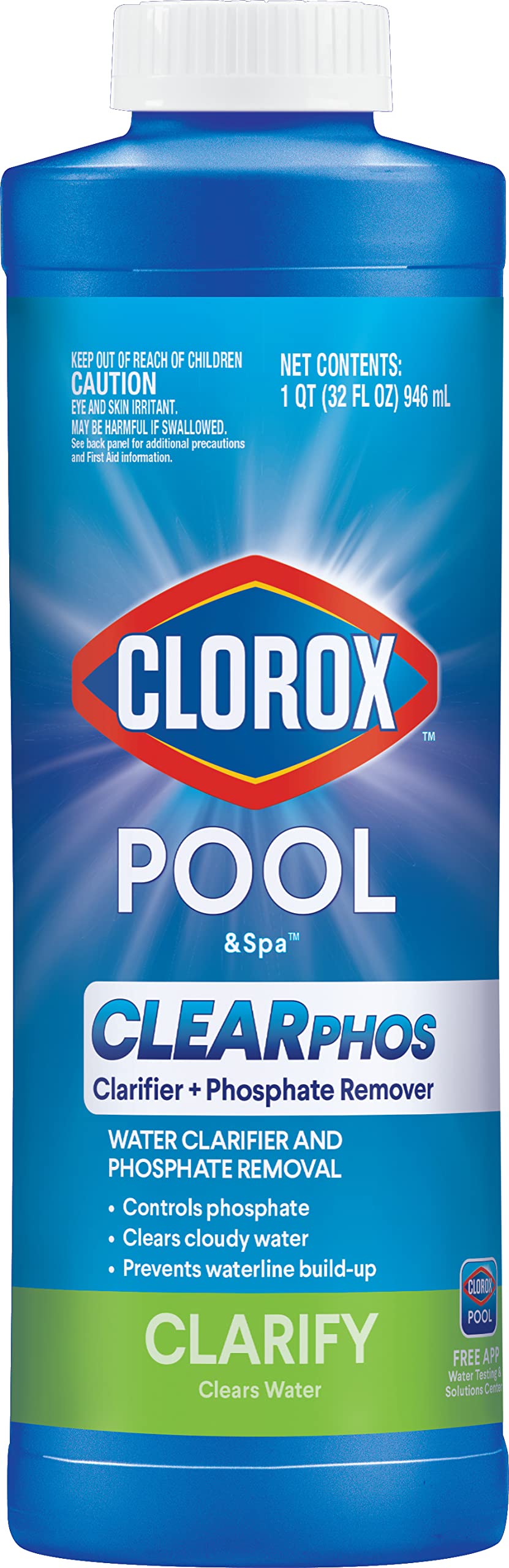 Clorox Pool&Spa ClearPHOS bottle demonstrates water clarification for sparkling pool water.