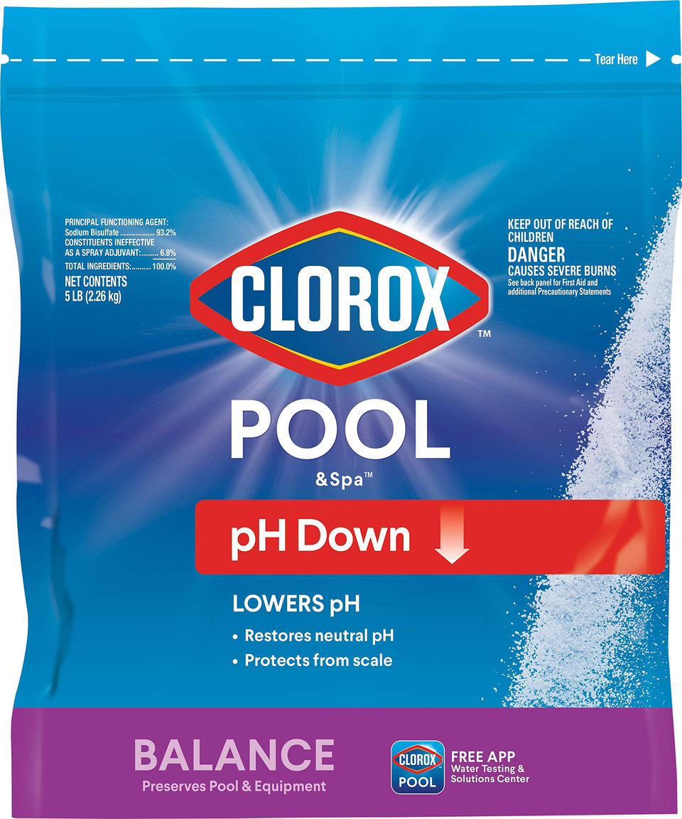 Clorox Pool&Spa pH Down bottle pour for balanced pool water.