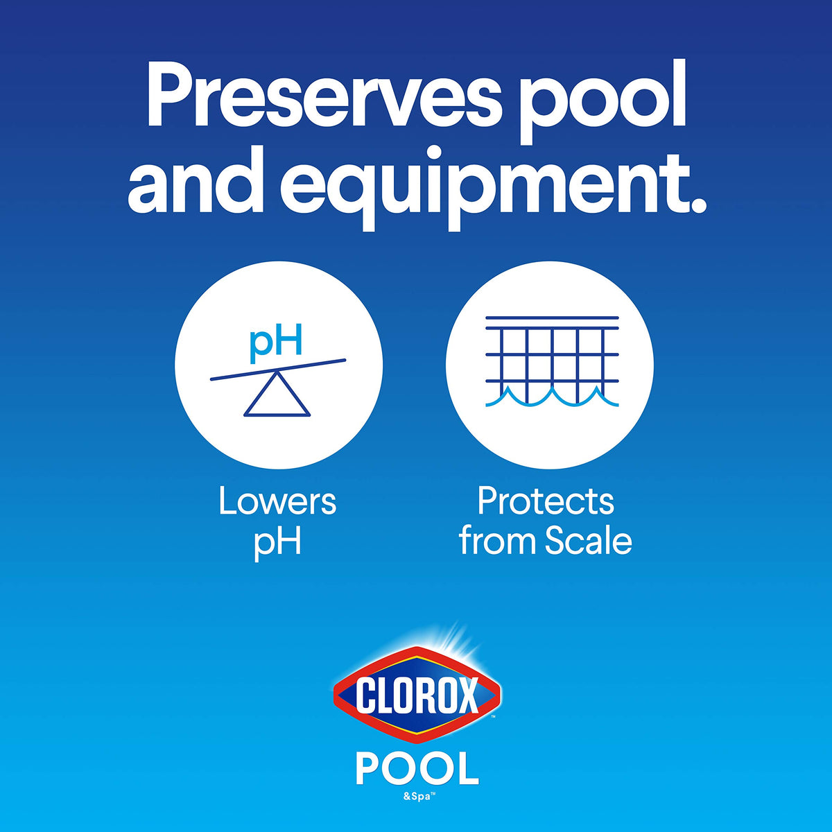 Clorox Pool&Spa pH Down shows scale protection against mineral buildup.