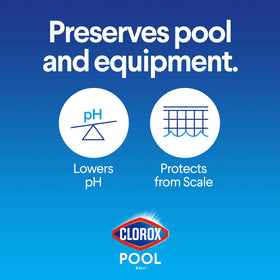 Clorox Pool&Spa pH Down shows scale protection against mineral buildup.