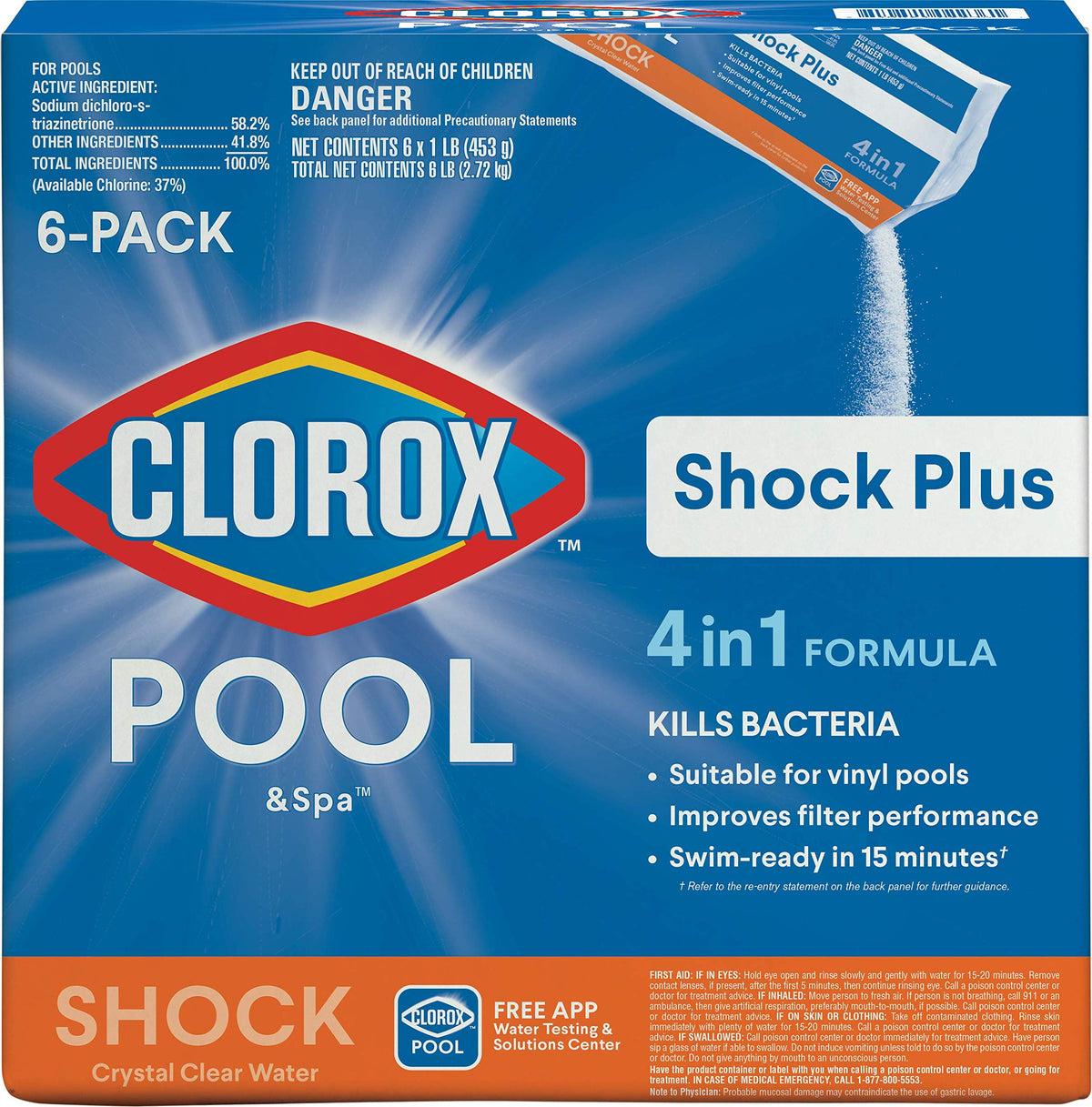 CLOROX Pool&Spa Shock Plus bottle pouring for quick pool treatment