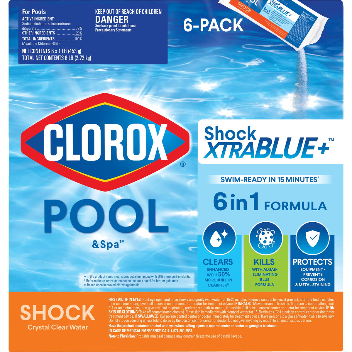 Clorox Pool&Spa Shock XTRABLUE Plus bottle pouring to treat pool water