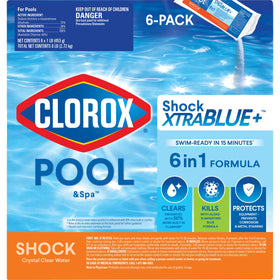 Clorox Pool&Spa Shock XTRABLUE Plus bottle pouring to treat pool water