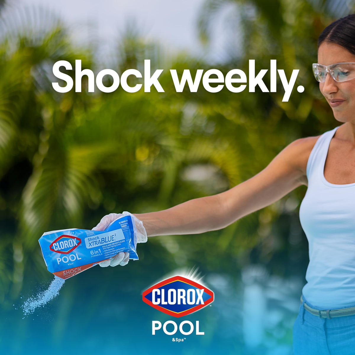 Six-pack packaging of Clorox Pool&Spa Shock XTRABLUE Plus
