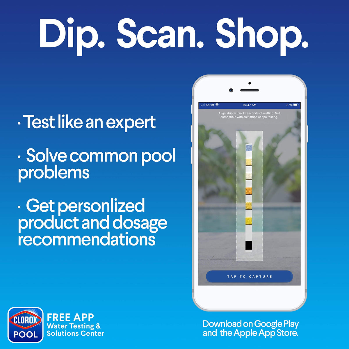 CLOROX Pool&Spa six-way test strips showing multiple parameters for balanced water.