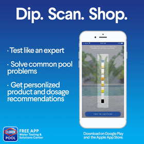 CLOROX Pool&Spa six-way test strips showing multiple parameters for balanced water.