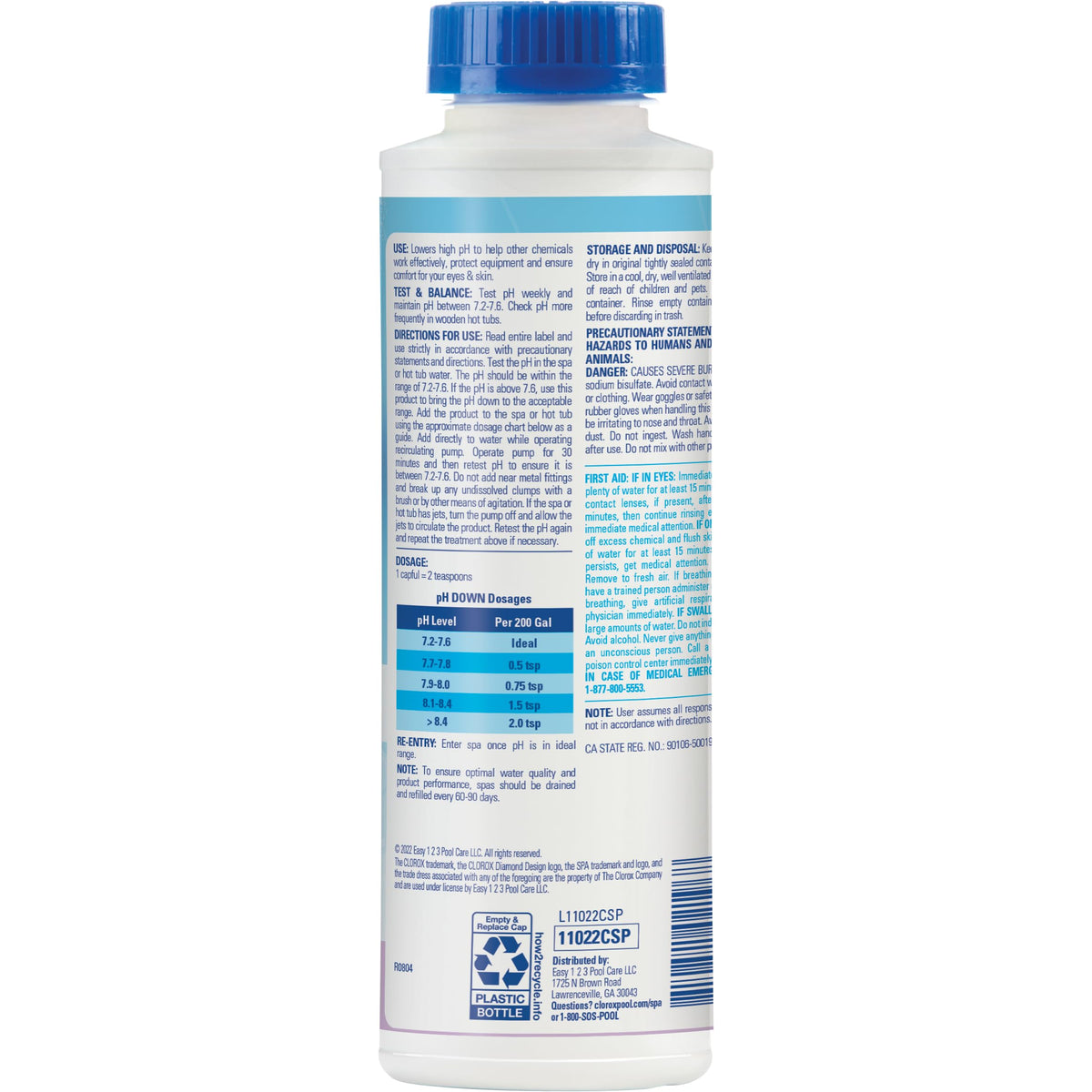 Close-up of the Spa pH Down label with dosing guidance