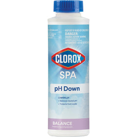 Clorox Pool&Spa Spa pH Down bottle being poured to balance spa water
