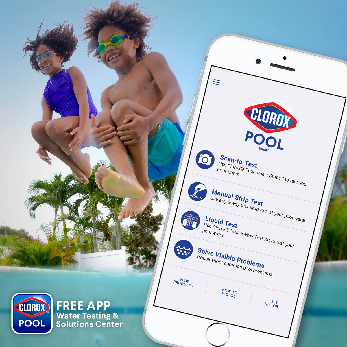App guidance for dosage shown beside the CLOROX Pool&Spa bottle