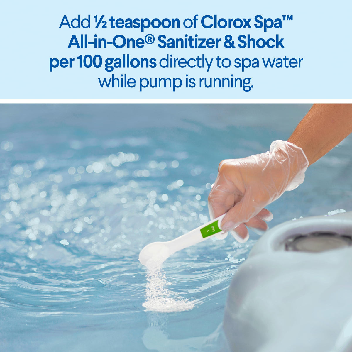 Pouring CLOROX Pool&Spa sanitizer into the spa for treatment