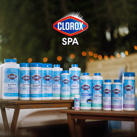 CLOROX Pool&Spa Antifoam application near tablet shows easy dosage guidance.