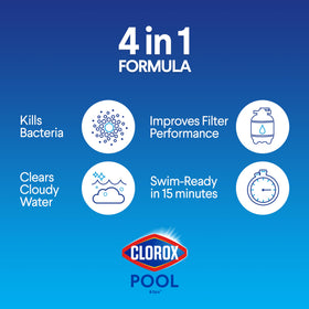 CLOROX Pool&Spa Shock Clear: swim-ready in 15 minutes, ideal after heavy use.